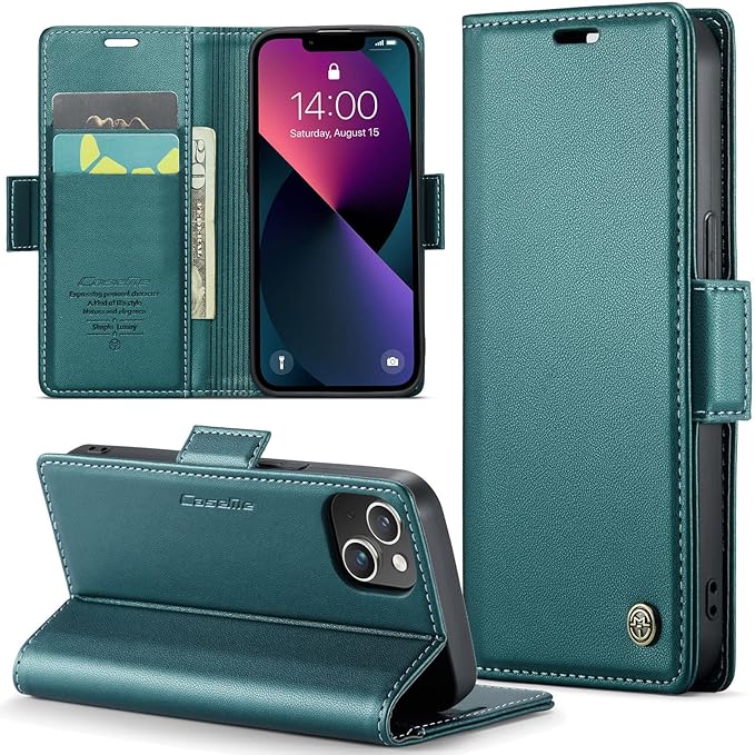 for iPhone 13 Mini Case, Premium PU Leather Wallet Case Flip Cover with [RFID Blocking][Card Holder][Stand Function] Shockproof Protective for iPhone iPhone 13 Mini 5.4 inch, Blue-Green