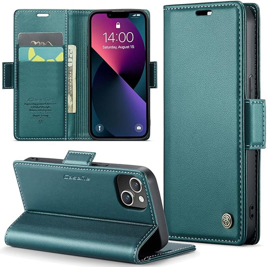 for iPhone 13 Mini Case, Premium PU Leather Wallet Case Flip Cover with [RFID Blocking][Card Holder][Stand Function] Shockproof Protective for iPhone iPhone 13 Mini 5.4 inch, Blue-Green