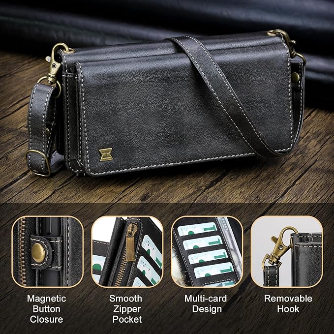 for iPhone 13 Wallet Phone Case with 7 Card Holder,RFID Blocking | PU Leather | Kickstand | Flip | Wrist Strap&Shoulder Strap | Shockproof | Zipper Wallet | Women Men | 6.1" | Black