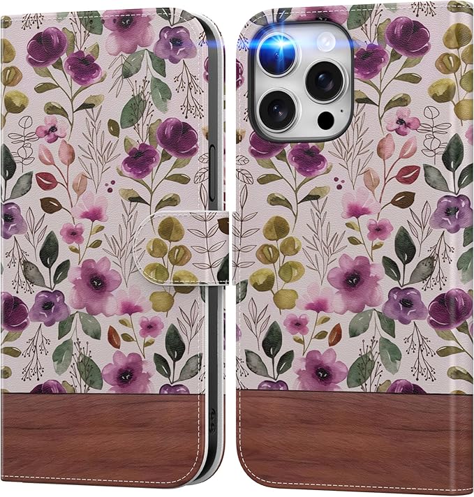 DEENAKIN for iPhone 15 Pro Max Wallet Case with Card Holder + Cash Clip, RFID-Blocking, Military-Grade Drop Protection, Magnetic Closure with Leather Kickstand - Floral Wallpaper