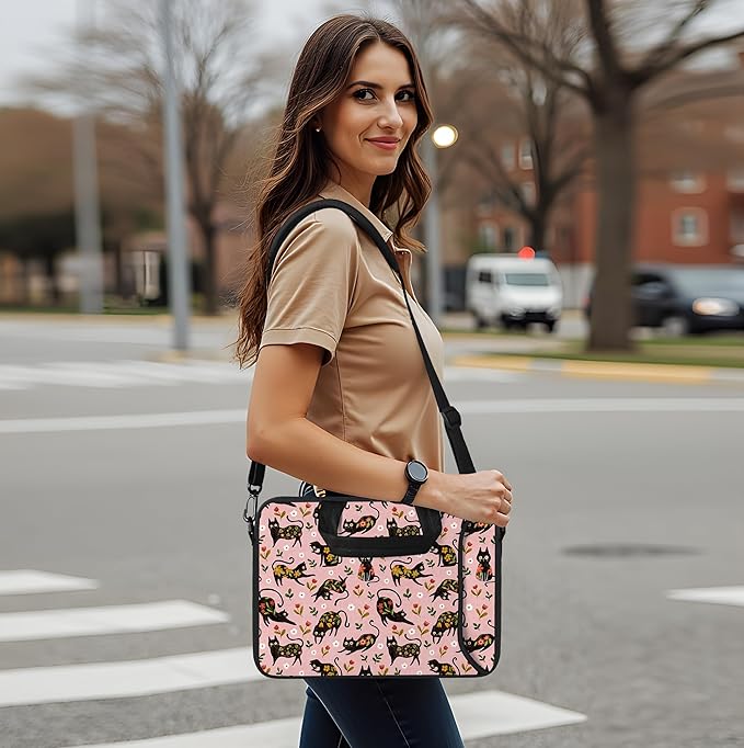 RICHEN 14 15 15.4 15.6 inch Laptop Shoulder Bag Messenger Bag Notebook Handle Sleeve Neoprene Carrying Case with Accessories Pocket (14-15.6 inch, Flowers Cats)