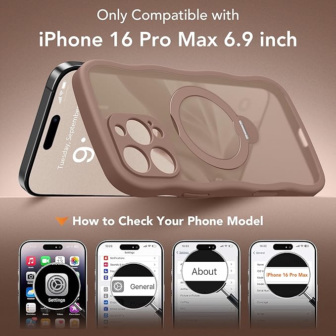 GolbinBox for iPhone 16 Pro Max Case for Women,[Compatible with Magsafe][360° Spin Magnetic Stand][Cute Wave Edge][Military-Grade Protection] Translucent Matte Phone Case for iPhone 16 ProMax, Brown
