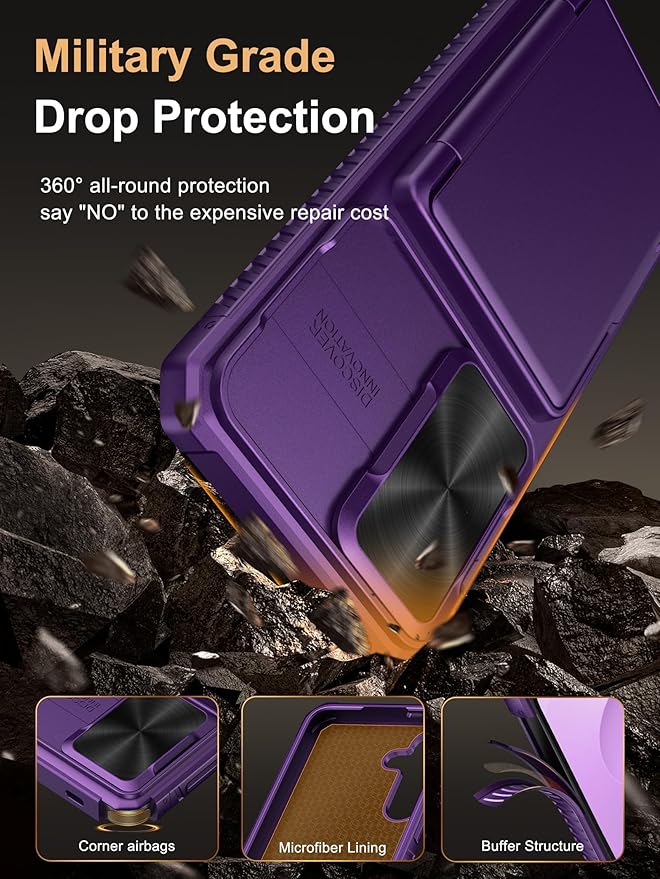 Vihibii for Samsung Galaxy S25 Plus Case with Card Holder (4 Cards), Built-in 2X Tempered Glass Screen Protector & Slide Camera Cover, Rugged & Shockproof Phone Case for Galaxy S25 Plus, Dark Purple