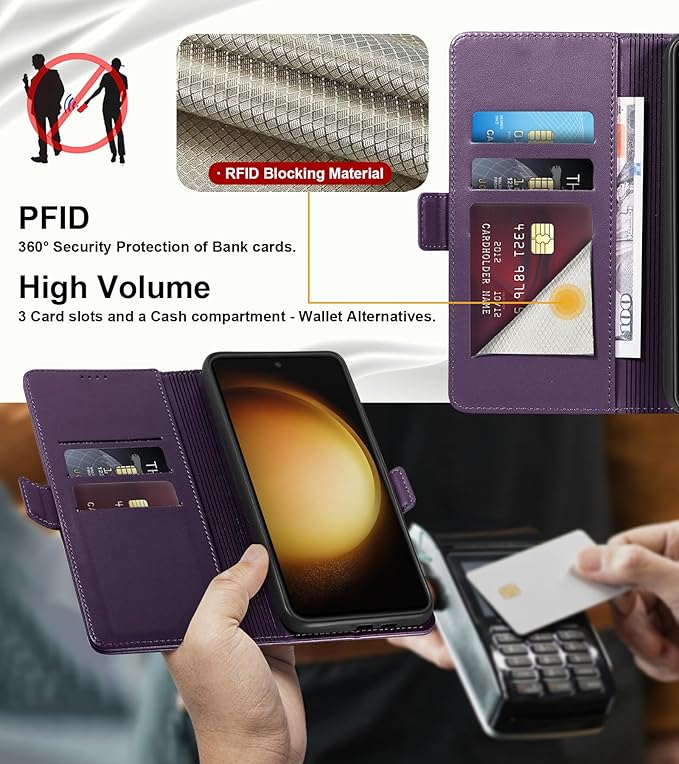 Wallet Flip Case for Samsung Galaxy S23 5G - [RFID Blocking] Luxury PU Leather Card Holder Magnetic Phone Cover with Kickstand,Shockproof Protective Case,Purple
