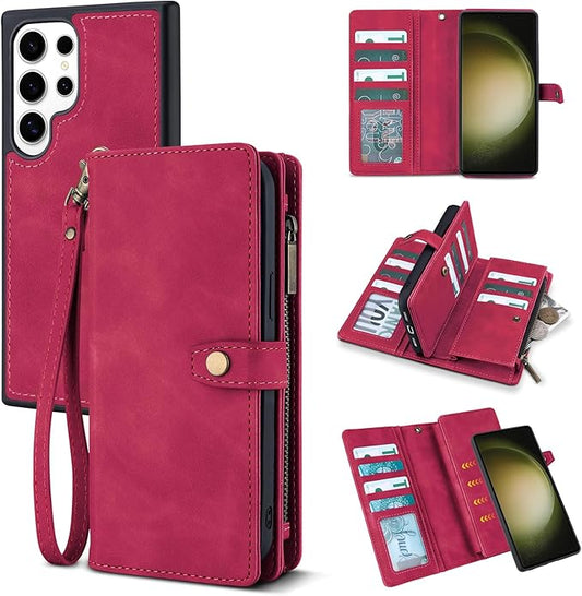 TwoHead for Samsung Galaxy S23 Ultra Wallet Case with Card Holder & Detachable Magnetic Phone Case for Galaxy S23 Ultra,PU Leather Shockproof Protective Phone Cover Wallet(6.8 in,Wine Red)