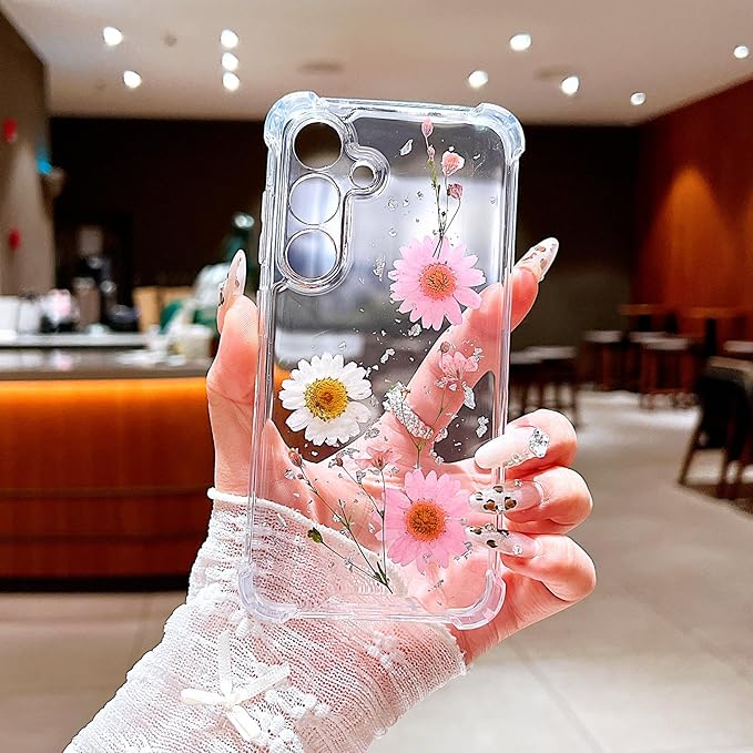 Compatible with Samsung Galaxy S24 Plus Case Cute Pressed Dried Real Flowers Design Women Girly Shockproof Glitter Floral Clear Phone Cover S24+ (Pink Flower)