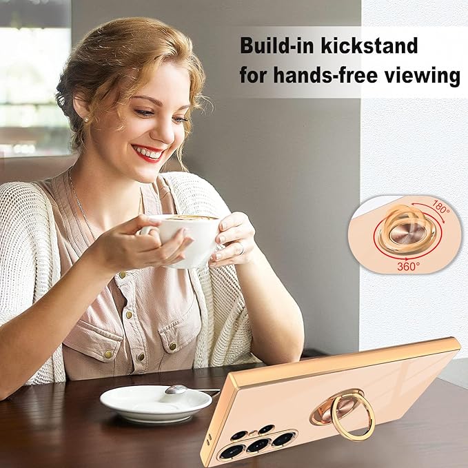 Dinick Pink for Samsung Galaxy S24 Ultra Case with Ring Holder Kickstand [with Magnetic] Soft TPU Bumper, Glitter Gold Electroplated Cover Slim Thin Protective Phone Case for Galaxy S24 Ultra