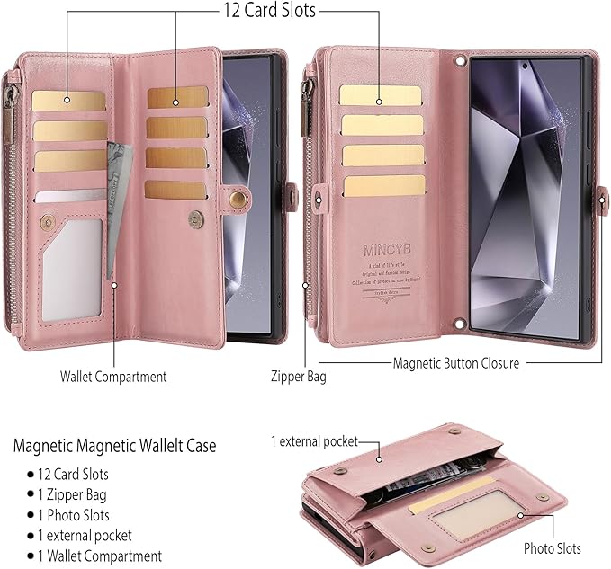 MInCYB for Samsung Galaxy S24 Ultra Case, Galaxy S24 Ultra Wallet Case with Card Holder (12+ Card Slots) - PU Leather Case for Women & Men, Wireless Charging, Detachable Magnetic Phone Cover. Pink