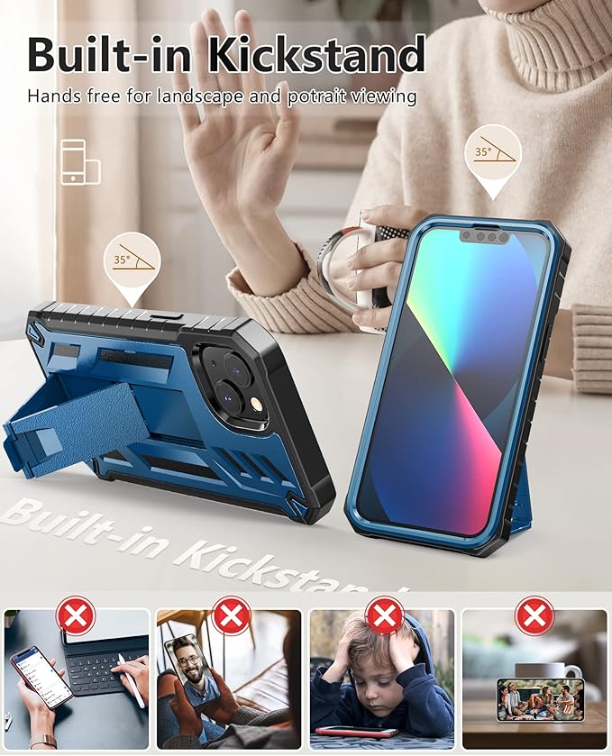 for iPhone 13/14 Protective Case: for iPhone 16e Cover with Belt Clip Holster | Durable Dual-Layer Design with Built-in Kickstand | Heavy Duty Military Grade Hard Protection Shock Proof Blue
