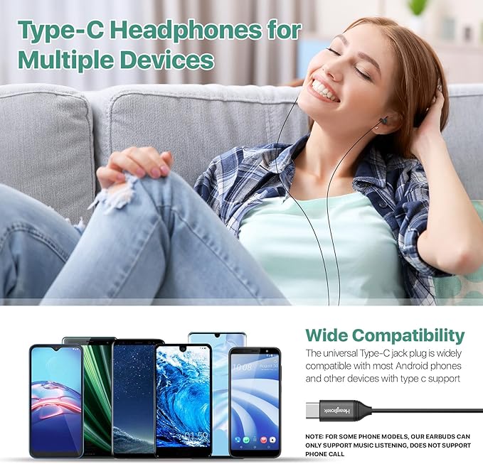 Hearprotek Sleep Earbuds, USB C Earphones Headphones with Microphone-Silicone Noise Isolation Type C Earbuds Sleep Buds for Android Phone, Ideal for Sleeping, snoring, Relaxation, Air Travel (Black)