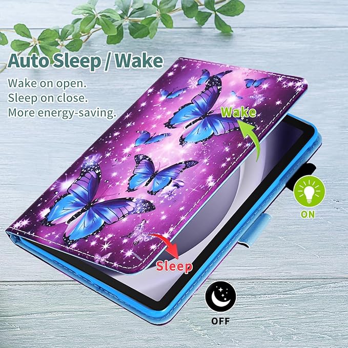 KEROM Case for Samsung Galaxy Tab A9+ Plus 11 Inch 2024 2023 (SM-X210/X216/X218), Slim PU Leather Stand Case Protective Cover for Galaxy Tab A9+/A9 Plus Tablet, Auto Wake/Sleep - Sparkling Butterfly