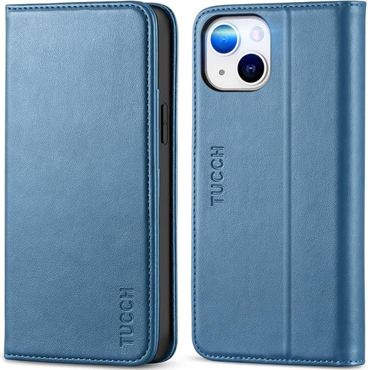 TUCCH Case for iPhone 14 Wallet Case 6.1", Premium PU Leather Folio Cover with [RFID Blocking] 3 Card Slot, Stand Book Design [Shockproof TPU Interior Case] Compatible with iPhone 14 2022, Light Blue