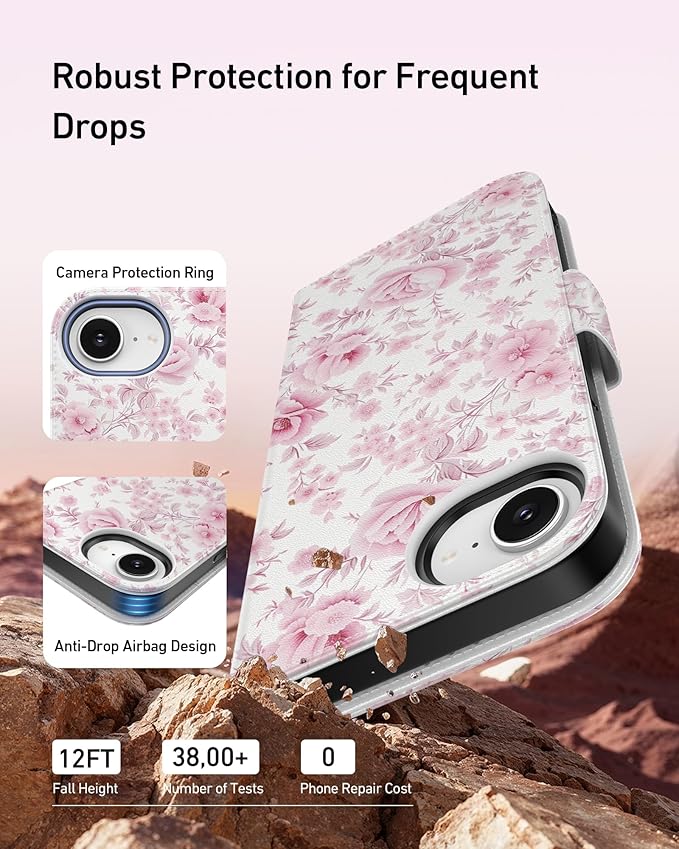 DEENAKIN for iPhone 16e Wallet Case with Card Holder + Cash Clip, RFID-Blocking, Military-Grade Drop Protection, Magnetic Closure with Leather Kickstand - Blooming Pink Roses