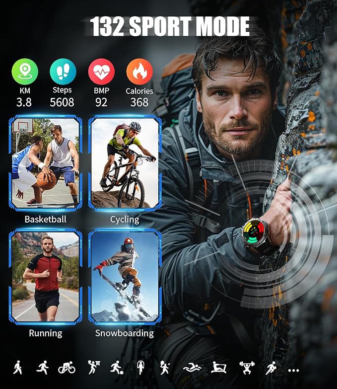 Military Smart Watch for Men, Flashlight 100+ Sports Modes Fitness Tracker Smartwatch, 1.43'' AMOLED Display, 5ATM Waterproof/Sleep Monitor, Mens Smart Watches for Android iOS