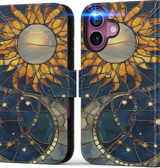 DEENAKIN for iPhone 16 Wallet Case with Card Holder + Cash Clip, RFID-Blocking, Military-Grade Drop Protection, Magnetic Closure with Leather Kickstand - Solar Lunar Harmony