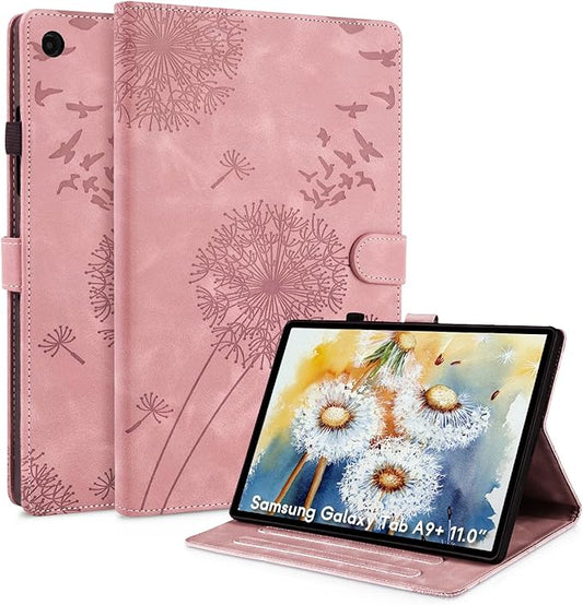 Dandelion Cover for Galaxy Tab A9 Plus Case (SM-X210/X216/X218, 11 Inch 5G), Artsy Design, Premium Faux Leather Made, Card Slots, Kickstand, Rosegold