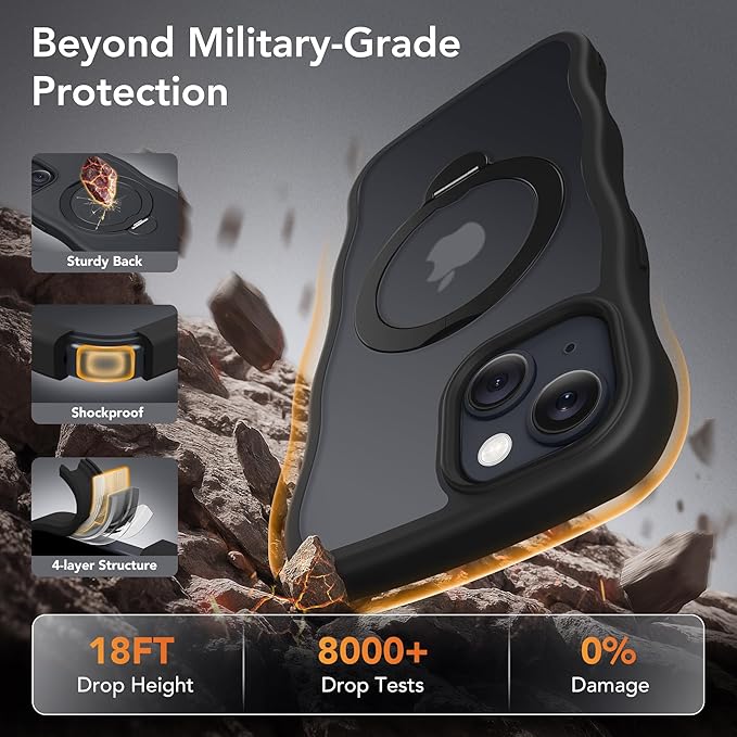 for iPhone 13 Case & iPhone 14 Case for Women,[Compatible with Magsafe][360° Spin Magnetic Stand][Cute Wave Edge][Military-Grade Protection]Translucent Matte Phone case for iPhone 13/14, Black