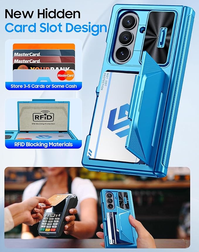for Samsung Galaxy Z Fold 7 Case with Card Holder RFID Blocking [Privacy Screen Protector ] [Slide Lens Cover] [Hinge Protection] Shockproof Protective Phone Wallet Case for Z Fold 7 (Lake Blue)