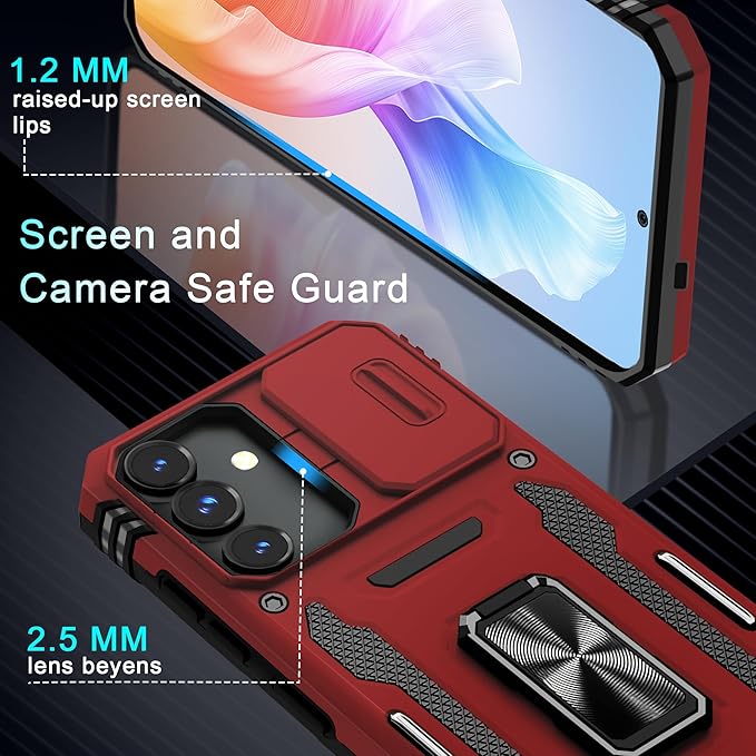 DEERLAMN Case for Samsung Galaxy S25 6.2-Inch with Slide Camera Cover+Screen Protector (1 Pack), Rotated Ring Kickstand Military Grade Shockproof Protective Cover-Red