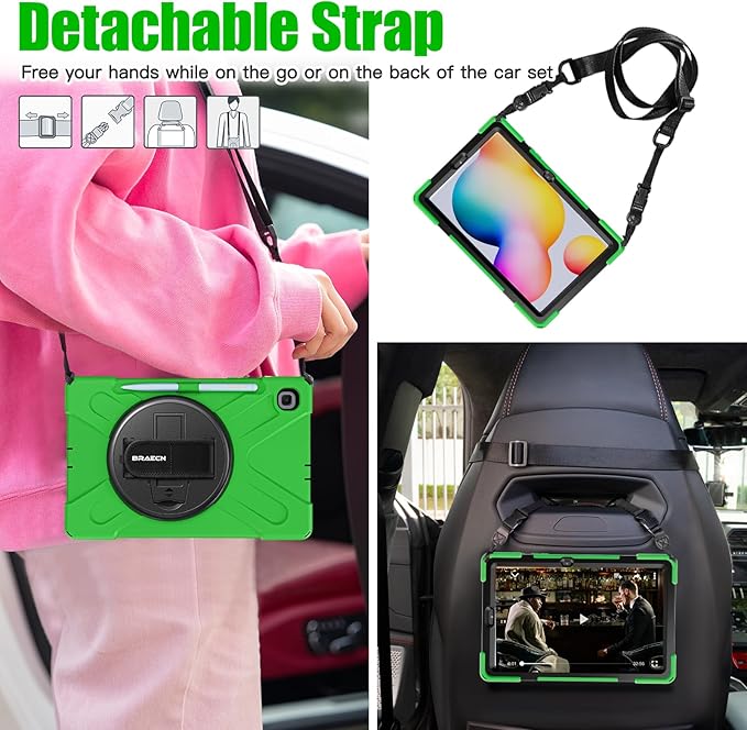 BRAECNstock Case for Samsung Galaxy Tab S6 Lite 10.4 inch 2024/2022/2020 (SM-P620/P610/P619) Shockproof Protective Samsung Galaxy S6 Lite Case with Pen Holder Rotating Stand & Hand Strap Kids - Green