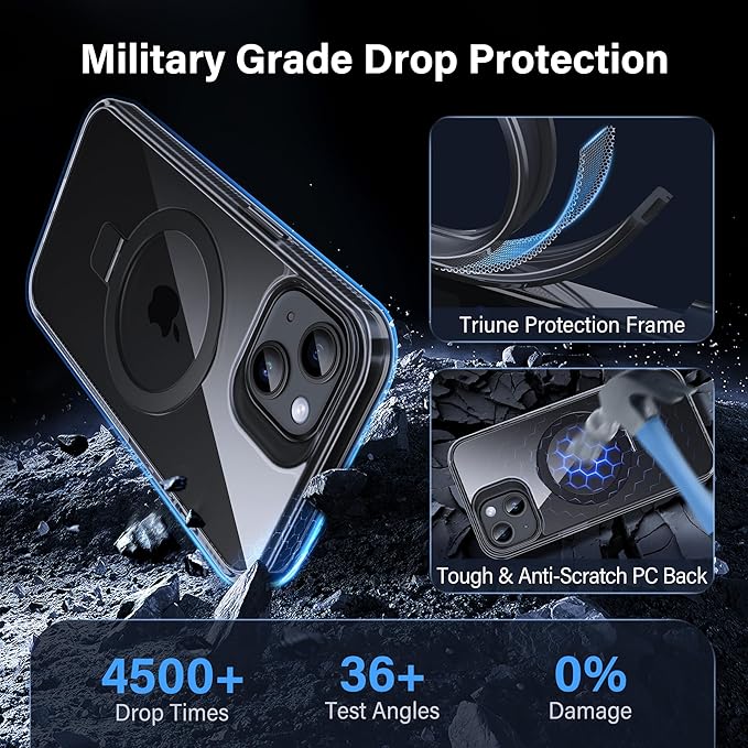 Magnetic Case for iPhone 13/14 - [Built-in Invisible Stand] [Compatible with MagSafe] [Military Grade Drop Protection] Anti-Yellowing Hard Back Silicone Edge Cover, 6.1", Clear Black