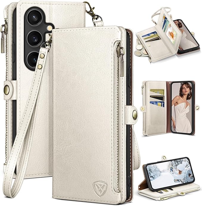 XcaseBar Compatible with Samsung Galaxy S25 Wallet case with Zipper Credit Card Holder【RFID Blocking】,Flip Folio Book PU Leather Phone case Shockproof Cover Women Men for Samsung S25 case White