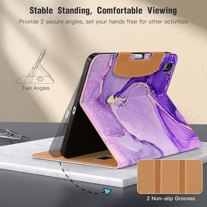 MoKo for iPad (A16) 11th Generation Case 11 inch 2025, iPad 10th Generation Case 10.9" 2022 with Pencil Holder & Pocket, Premium Leather Folio Stand Cover, Multiple Viewing Angles, Purple Gold Marble