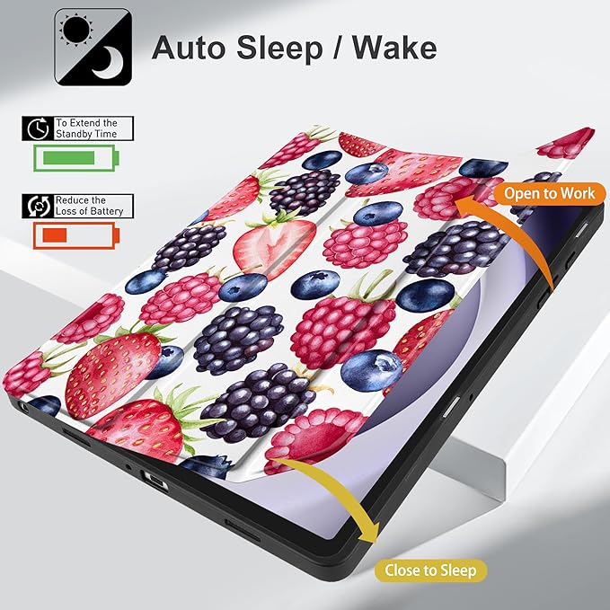 MEEgoodo Case for Samsung Galaxy Tab A9 Plus 11 inch Cover 2024 2023 with S Pen Holder,A9+ Smart Tablet Cases with Leather Trifold Stand+Soft TPU Back Shell+Smart Auto Wake/Sleep,Fresh Berries Pattern
