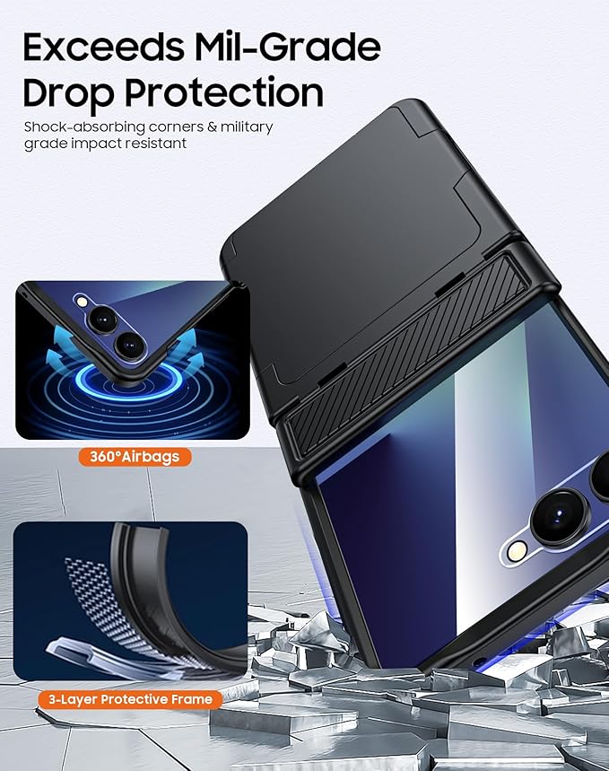 CENMASO for Samsung Galaxy Z Flip 7 Case with Card Holder [RFID Blocking] & Hinge Protection & HD Screen Protector, Rugged Anti-Scratch Full-Body Shockproof Phone Case for Z Flip 7-Black