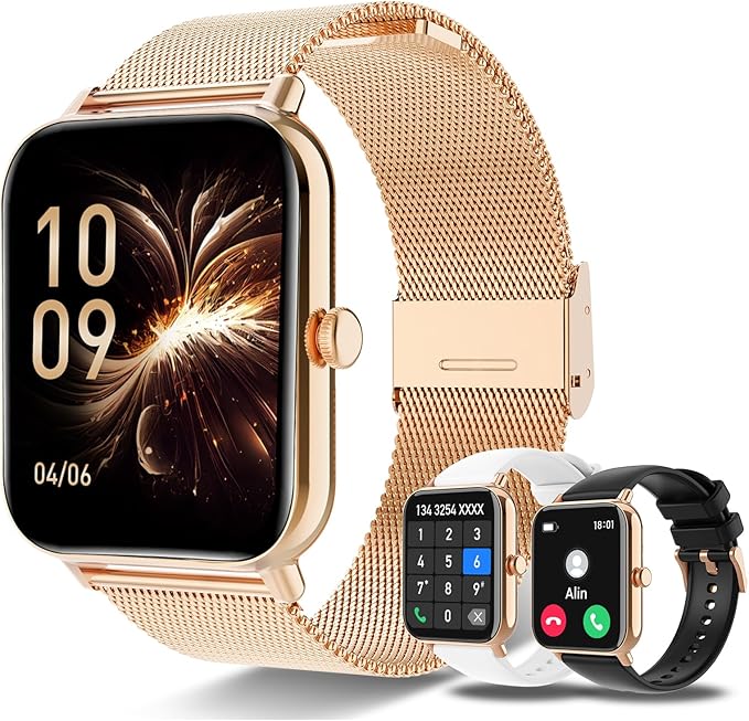 Smart Watch for Women Men(Answer/Dial Calls) 1.83" HD AI Voice Smartwatch with Fitness/Step Tracker/Heart Rate/Sleep/Stress Monitor, 120+ Sports Modes IP68 Waterproof for IOS/Android, Gold/3 Bands