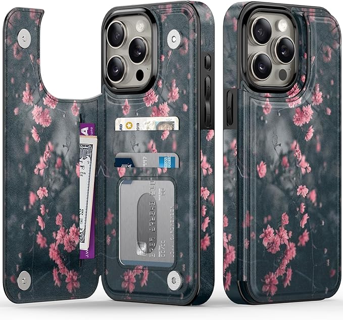 FUNMIKO for iPhone 15 Pro Wallet Case with Card Holder, RFID-Blocking, Military-Grade Protection & UV-Printed Artwork, Magnetic Closure with Leather Kickstand - Mystic Blooming Plum