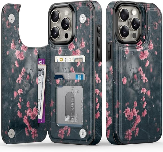 FUNMIKO for iPhone 15 Pro Wallet Case with Card Holder, RFID-Blocking, Military-Grade Protection & UV-Printed Artwork, Magnetic Closure with Leather Kickstand - Mystic Blooming Plum