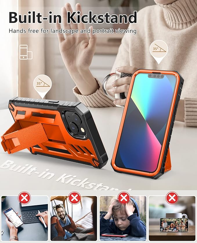 for iPhone 13/14 Protective Case: for iPhone 16e Cover with Belt Clip Holster | Durable Dual-Layer Design with Built-in Kickstand | Heavy Duty Military Grade Hard Protection Shock Proof Orange
