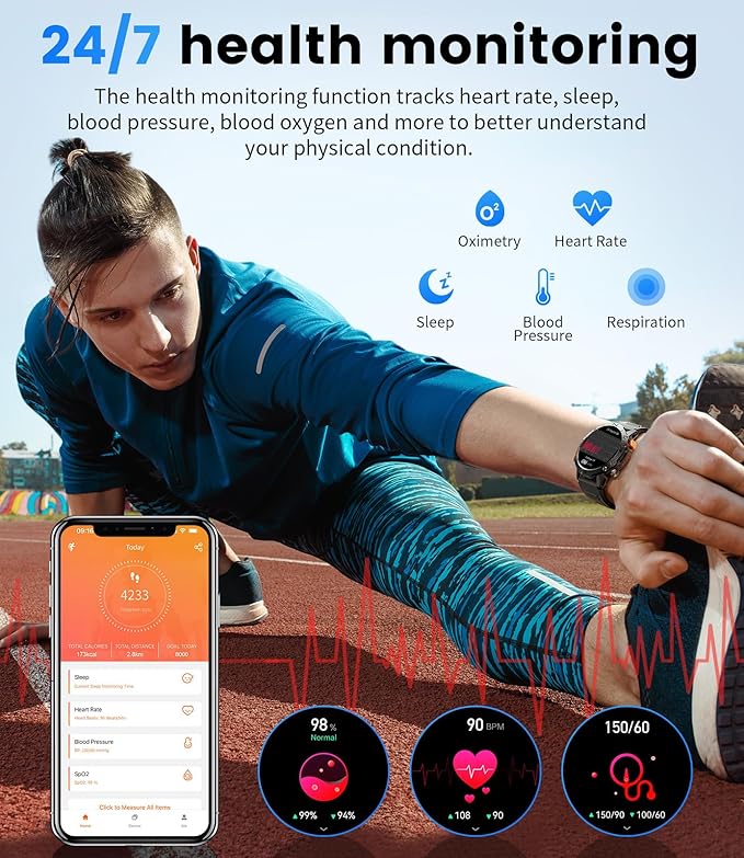 Military Smart Watch for Men(Answer/Dial Calls),1.43" AMOLED Always-on Display,Fitness Tracker 126+ Sports Modes/IP68/Heart Rate/Sleep/SpO2/Blood Pressure,Tactical Outdoor Rugged Watch for iOS Android