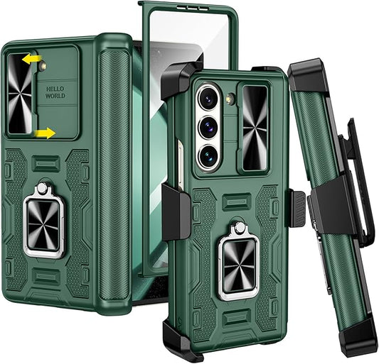 VEGO for Galaxy Z Fold 5 Case with Stand, 360°Ring Magnetic Kickstand & Hinge Protection & Front Screen Protector & Camera Cover & Belt Clip Holster Cover - Dark Green