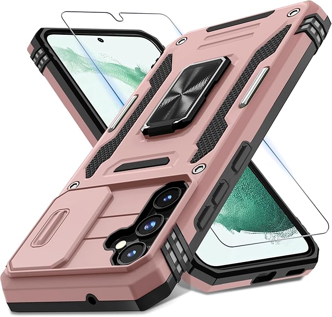 DEERLAMN Case for Samsung Galaxy S23 FE 6.4-Inch with Slide Camera Cover+Screen Protector(1 Pack),Rotated Ring Kickstand Military Grade Shockproof Protective Cover-Rose Gold