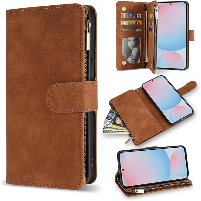 ZZXX for Samsung Galaxy S24 FE Wallet Case with RFID Blocking Card Slot PU Leather Zipper Flip Folio with Strap Kickstand Protective Cover for Samsung Galaxy S24 FE Case Wallet(Brown-6.7 inch)