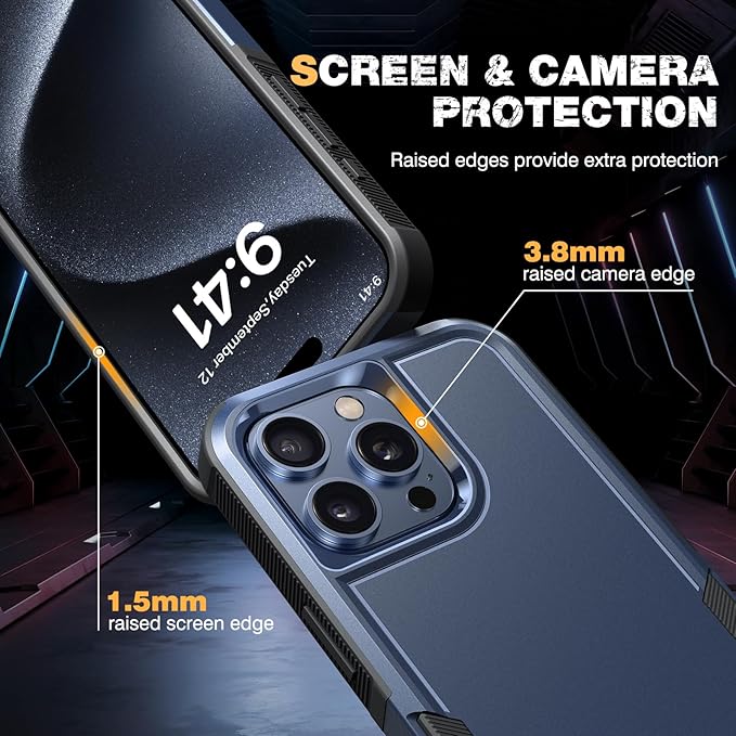 Diaclara Designed for iPhone 15 Pro Max Case, [with Privacy Screen Protector] [Anti Spy] [Military Grade Drop Protection] Heavy Duty Full-Body Shockproof Phone Case, Dark Blue