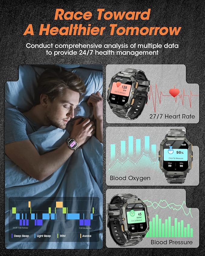 Military Smart Watches for Men (Answer/Make Calls), Watches for Men with Blood Pressure/Heart Rate/Sleep/100+ Sport Modes, 2.02'' Fitness Smart Watch, Waterproof Fitness Tracker for Android and iPhone
