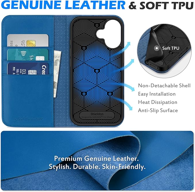 SHIELDON Genuine Leather Case for iPhone 17 6.3 Inch 2025 | Folio Wallet Design, Kickstand, RFID Blocking, 3 Credit Card Slots, Magnetic, Shockproof Phone Cover for Women Men - Sapphire Blue