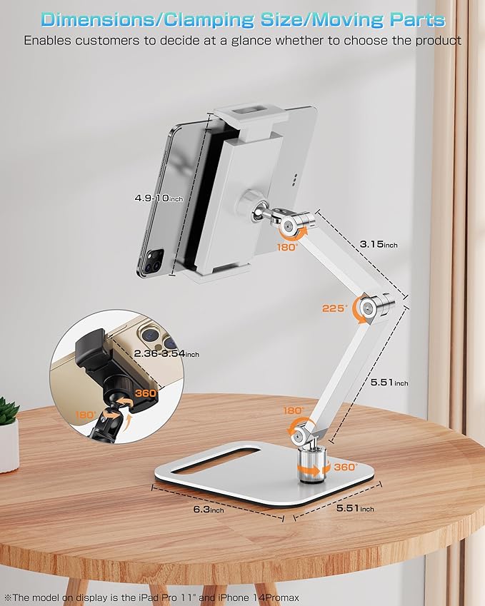 Tablet Stand Holder for iPad, Portable Monitor Stand Holder 15.6'',17.3'', Aluminum Alloy Foldable Arm Mount with 360° Swivel Desk Mount Compatible with 4.7-17.3inch Tablet, Cell Phone (White)