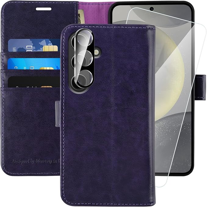 MONASAY Wallet Case Fit for Samsung Galaxy S24 5G, [Lens & Glass Screen Protector Included] [RFID Blocking] Flip Folio Leather Cell Phone Cover with Credit Card Holder, 6.2 inch, Purple