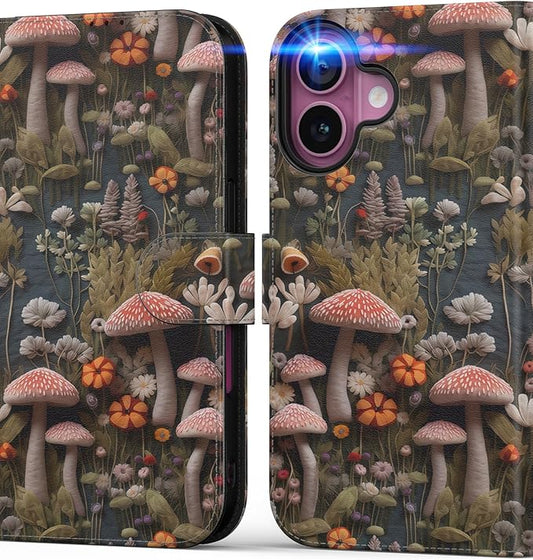 DEENAKIN for iPhone 16 Wallet Case with Card Holder + Cash Clip, RFID-Blocking, Military-Grade Drop Protection, Magnetic Closure with Leather Kickstand - Mushroom Floral