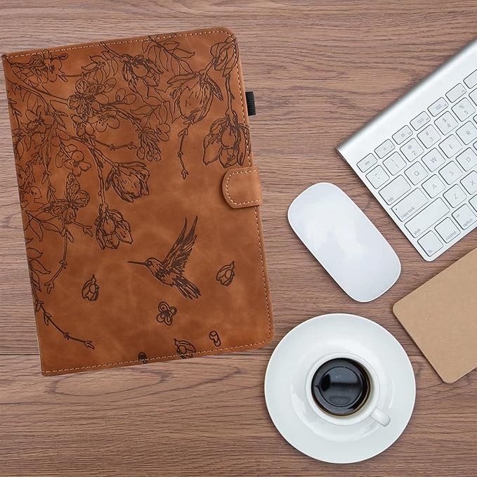 KEROM Case for Samsung Galaxy Tab A9+ Plus 11 Inch 2024 2023 (SM-X210/X216/X218), Embossed Suede Leather Folio Stand Cover with Auto Wake/Sleep & Card Slot & Pen Holder - Brown Bird Flower Embossing