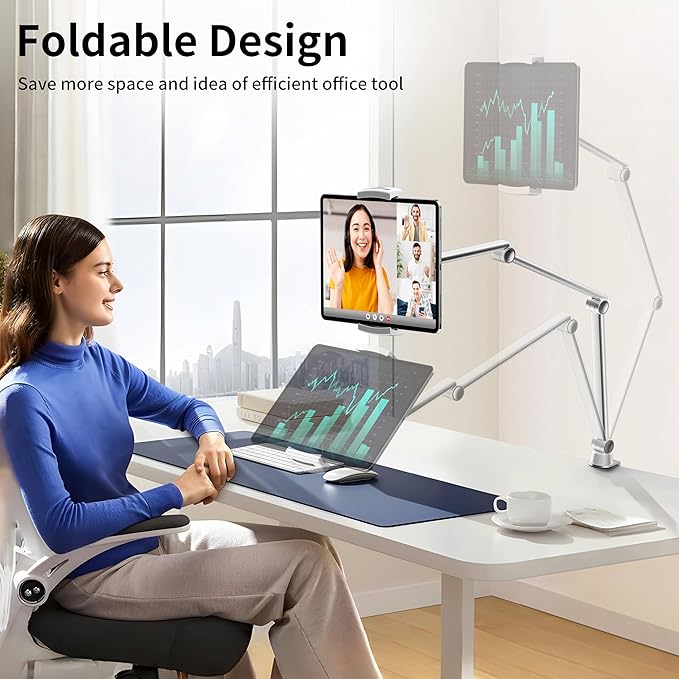 LULULOOK iPad Stand, Aluminum Alloy Mount - Adjustable for Desk, Compatible with iPad Pro 12.9, Mini, Galaxy Tabs, iPhone 16 Pro Max, Kindle, Tablet 4.7"-13" (2 Clips)