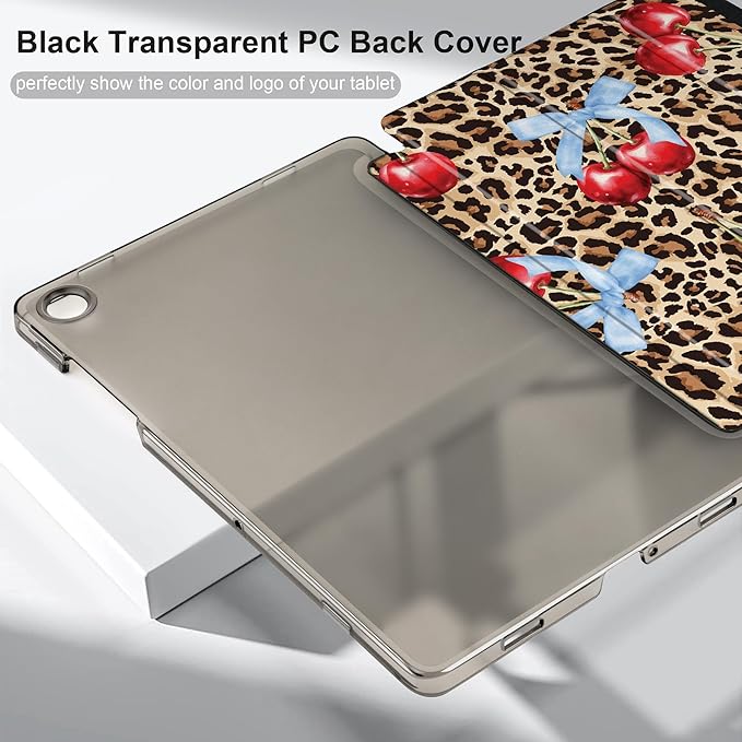 DONGKE Case for Samsung Galaxy Tab A9+/A9 Plus 11 inch 2024 2023 (SM-X210/X216/X218), Slim Stand Hard PC Translucent Back Shell Smart Cover, Auto Wake/Sleep - Leopard Cherries