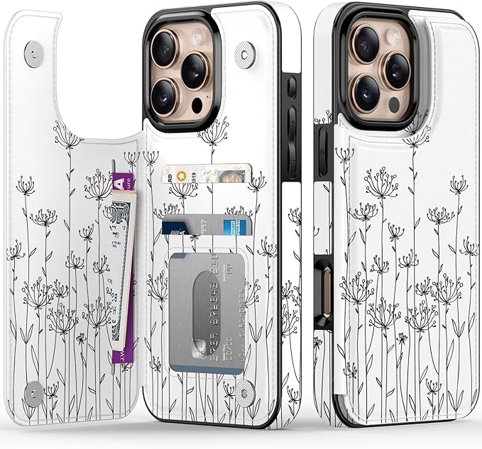 FUNMIKO for iPhone 16 Pro Wallet Case with Card Holder, RFID-Blocking, Military-Grade Protection & UV-Printed Artwork, Magnetic Closure with Leather Kickstand - Elegantly Sketched Flower