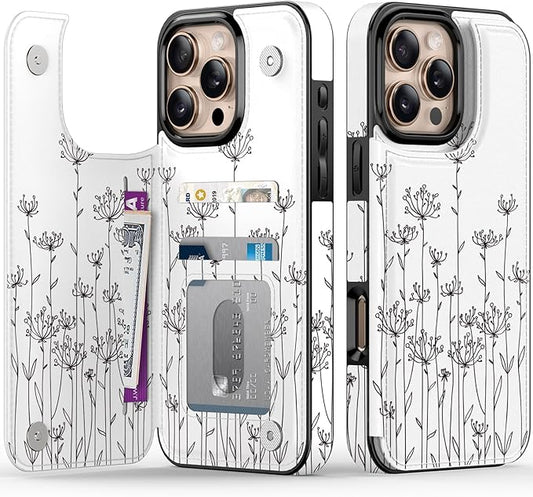 FUNMIKO for iPhone 16 Pro Wallet Case with Card Holder, RFID-Blocking, Military-Grade Protection & UV-Printed Artwork, Magnetic Closure with Leather Kickstand - Elegantly Sketched Flower