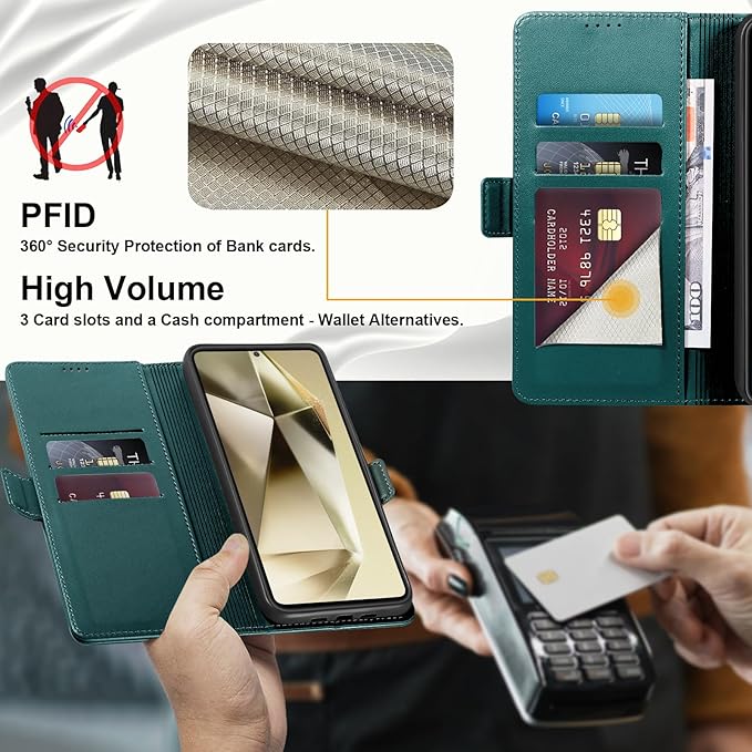 Wallet Flip Case for Samsung Galaxy S24 Ultra 5G - [RFID Blocking] Luxury PU Leather Card Holder Magnetic Phone Cover with Kickstand,Shockproof Protective Case,Green