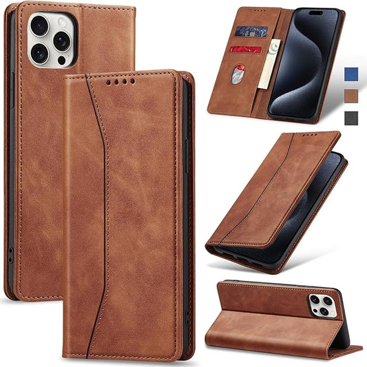 Jasonyu Flip Wallet Case for iPhone 15 Pro,Leather Magnetic Folio Cover with Card Holder,Kickstand - TPU Shockproof Durable Protective Phone Case,Brown